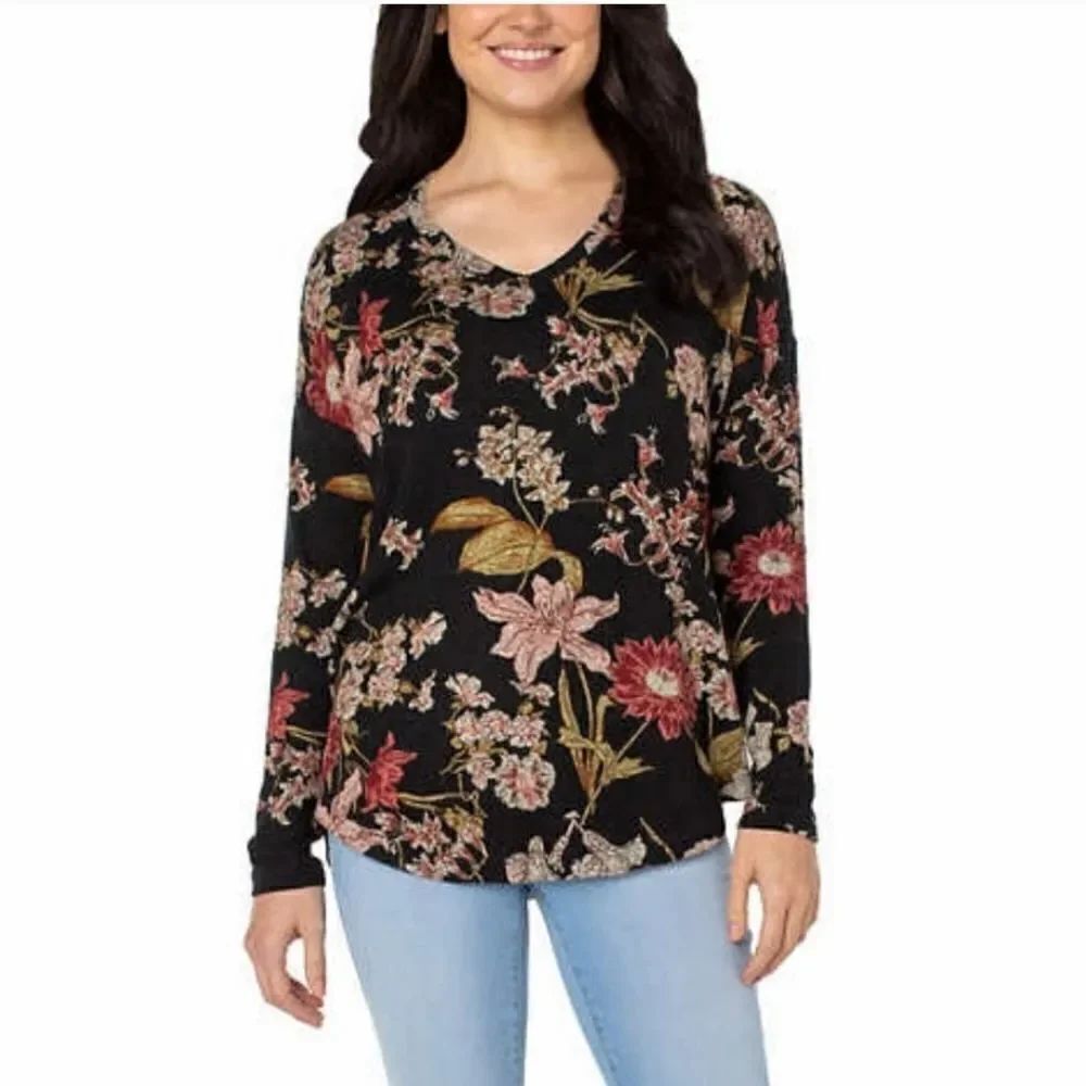 Well Worn XL Black Mlticlrd V-neck Floral Print Viscose Women’s Top Sweater
